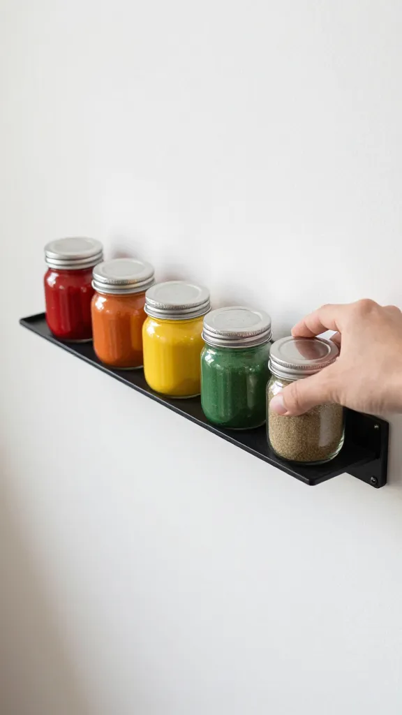 A tiny countertop workspace featuring a magnetic rail along the edge, jars arranged by color (reds, yellows, greens) and a hand easily grabbing a cumin jar.
