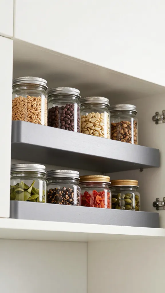 An above-the-fridge spice storage area where a magnetic system lines the top of the cabinet, jars tucked in, with a subtle breeze suggesting fresh air from the kitchen.