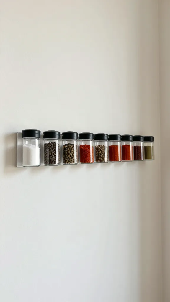 A slim, wall-mounted magnetic strip running horizontally on a narrow pantry wall, with recurring spices (salt, pepper, paprika) consistently aligned.