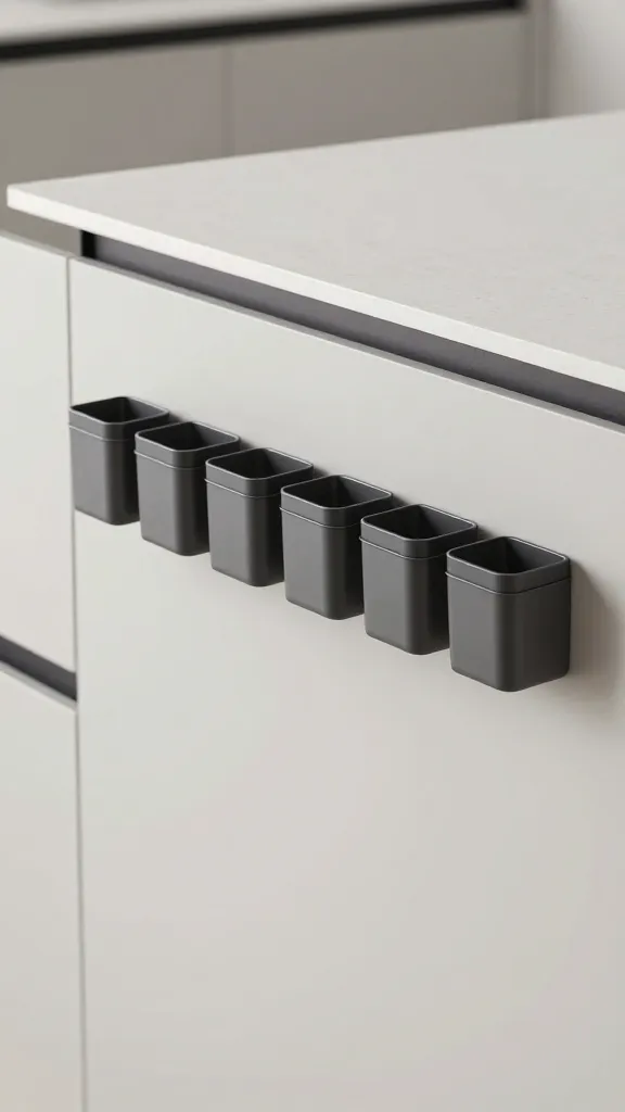 A modern, minimalist kitchen island showing magnetic spice containers attached to a recessed strip along the side, perfectly level and evenly spaced.