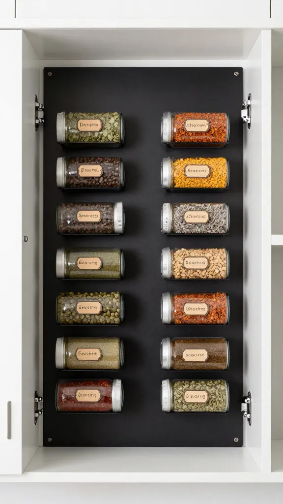 A kitchen cabinet interior shot with a magnetic board behind a door, showing two columns of spice jars labeled with small, legible tags when the door is open.