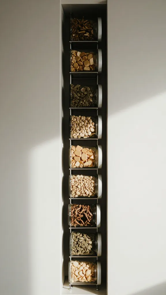 A vertical magnetic spice rack mounted on a narrow gap between two cabinets, jars angled slightly for easy visibility, sunlight casting gentle shadows.