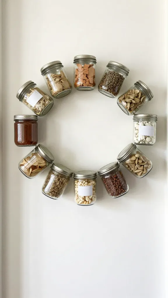 A creative magnetic halo setup on the back of a pantry door, jars arranged in a circular pattern around a central label area, clean and uncluttered.
