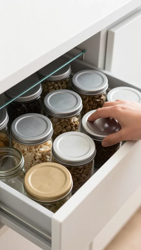 A compact kitchen drawer with a thin magnetic strip on the inside lid, jars stored upright and tightly packed, a hand sliding one jar out smoothly.