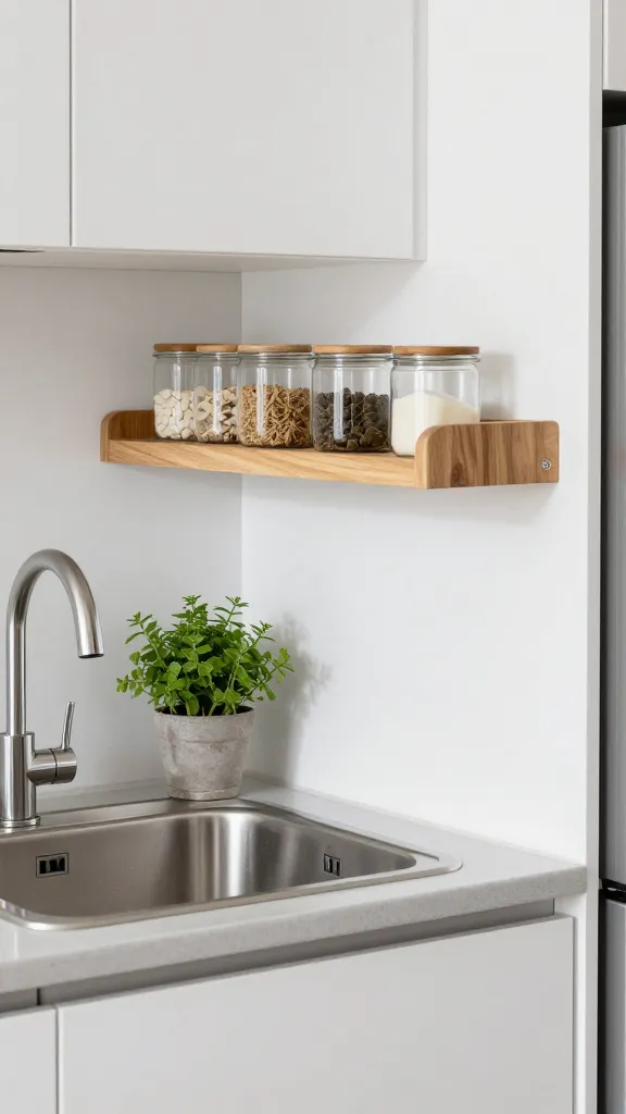 A modern compact kitchen with an over-the-sink floating shelf above a stainless steel sink, holding neatly arranged glass canisters, a small potted herb, and dish soap, natural light, clean white cabinetry, and water-resistant wood-look shelf.