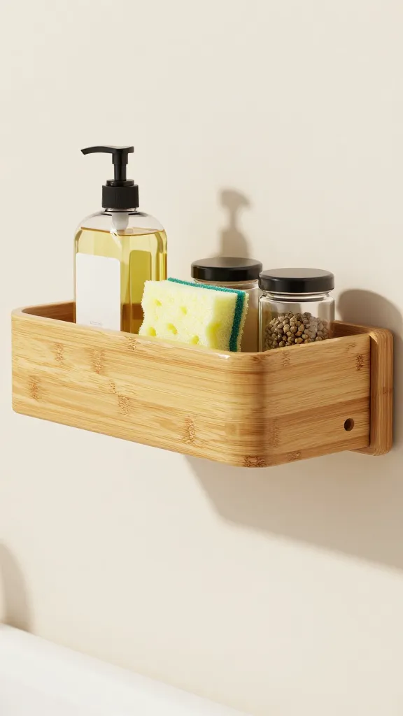 Close-up of an over-the-sink shelf made of water-resistant bamboo with brackets, showcasing easily reachable items like a bottle of dish soap, sponge, and a compact spice jar set, soft shadows, minimalist style.