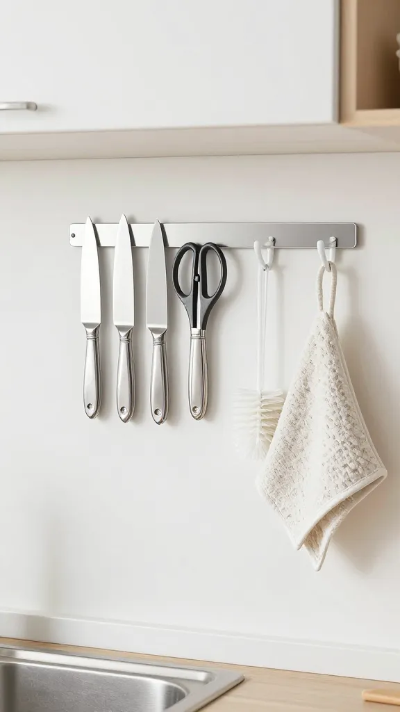 A wall-mounted magnetic strip above the sink with metal kitchen knives and scissors aligned neatly, plus suction cup hooks holding a dish towel and scrub brush, in a bright, airy kitchen.