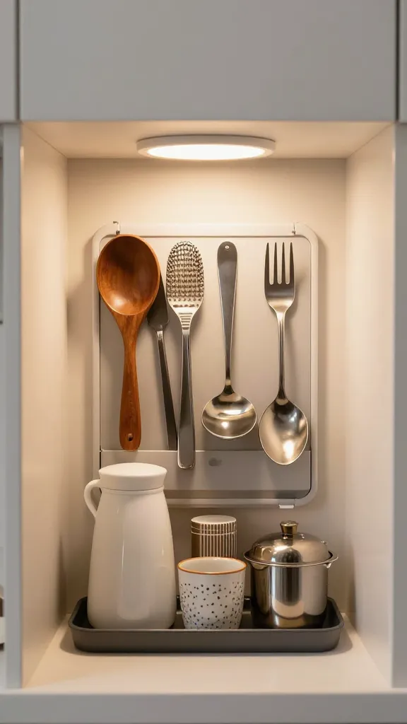 A top-down view of a clutter-free sink area featuring a magnetic strip with utensils and a small tray of frequently used items, complemented by a compact under-shelf light casting a warm glow.