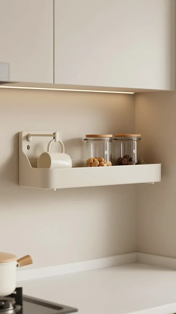 A cozy, small kitchen in a neutral palette showing a sleek over-the-sink shelf with a lightweight, water-resistant finish, featuring a hanging mug rack and a couple of neatly labeled glass jars.