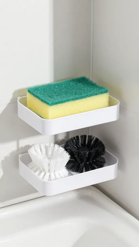 An overhead shot of a sink corner with a floating shelf, holding a dish sponge, scrub brush, and a compact drying rack, with moisture-resistant materials visible and clean lines.
