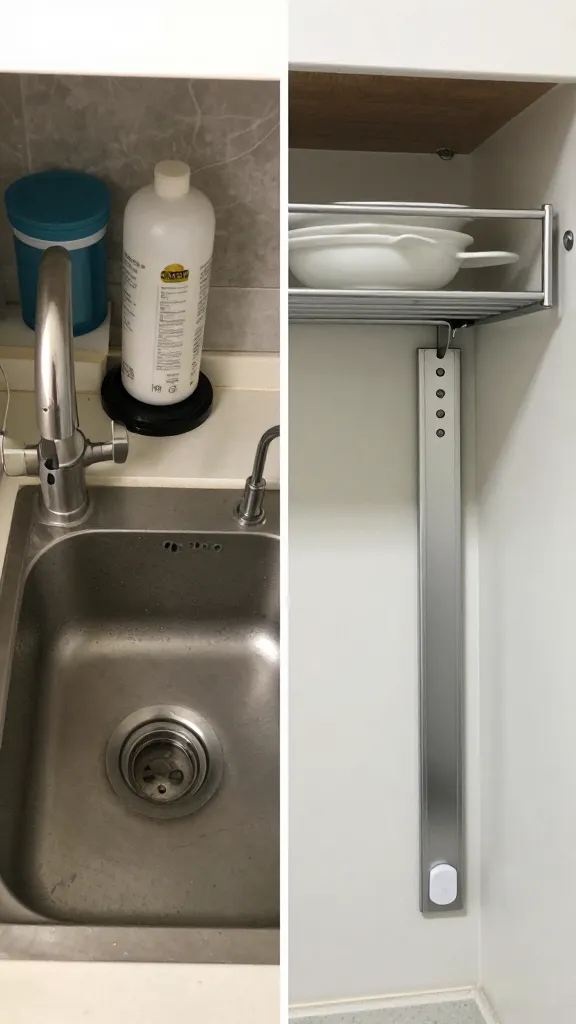 A before-and-after style image: left side shows a crowded under-sink area and cluttered counter; right side shows an organized over-the-sink shelf and magnetic strip solution, in a single split-frame composition.