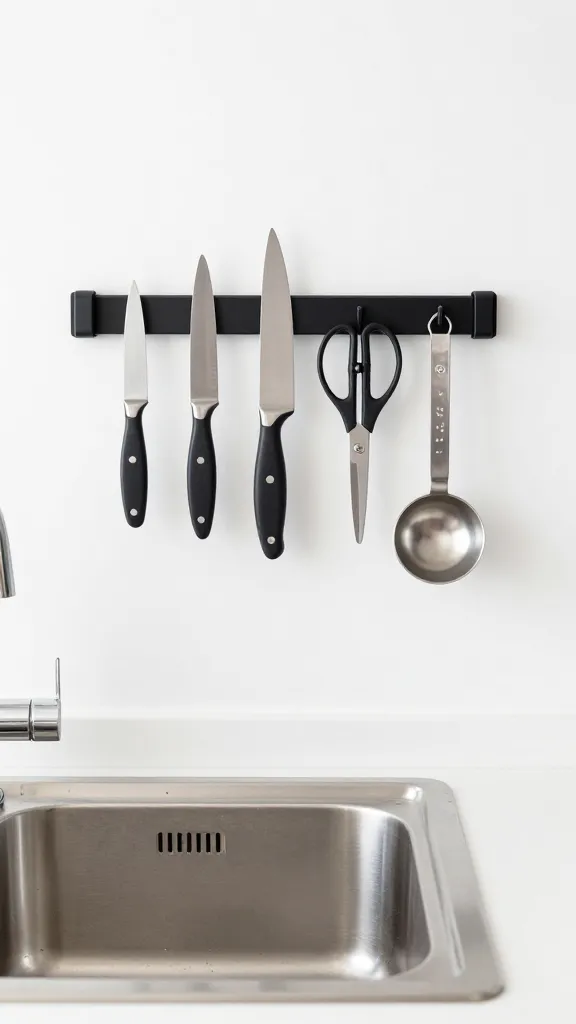 A bright kitchen with a minimalist magnetic strip above the sink, displaying knives, a pair of scissors, and metal measuring spoons, with a subtle reflection on a clean stainless steel sink.