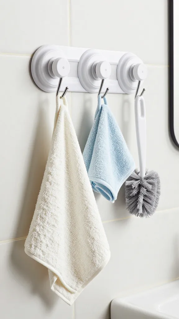 A close-up of suction cup hooks on a tiled wall beside the sink, holding a dish towel, a small microfiber cloth, and a scrub brush, with the magnetic strip in the background.