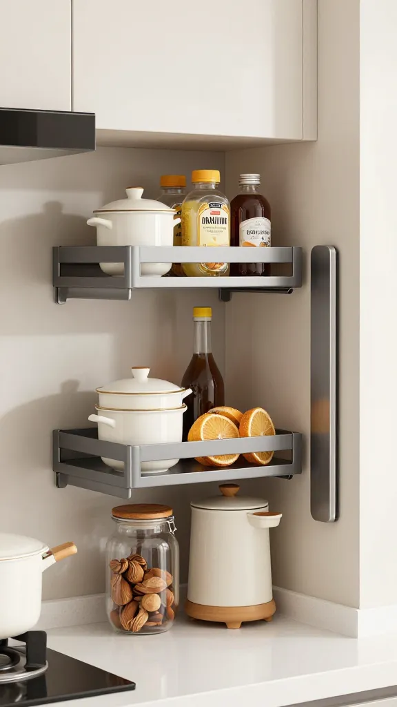 A lifestyle shot of a small-apartment kitchen featuring both an over-the-sink shelf and a magnetic strip, showing organized, within-arm-reach storage for everyday essentials in a functional, stylish setup.