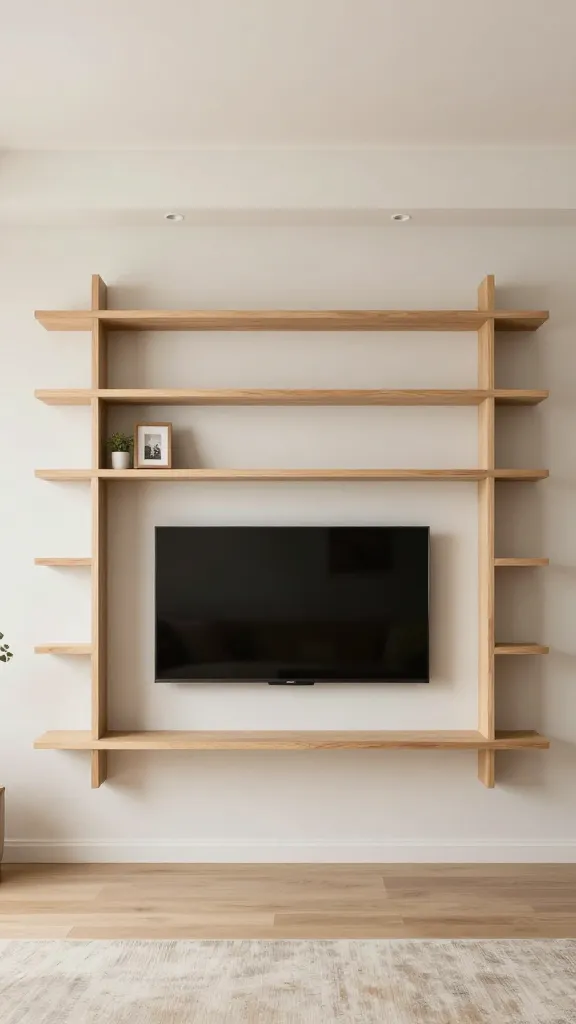 A modern living room with a wall-mounted flat-screen TV framed by symmetrical, layered floating shelves on both sides; slim, evenly spaced shelves in a light wood finish, with a single small plant and a framed photo on the middle shelf stage-left, soft neutral walls, subtle recessed lighting.