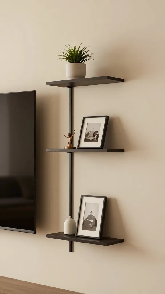 Close-up of a TV wall featuring two vertical stacks of three slim floating shelves flanking a mounted TV; each shelf holds minimal decor—one plant, one framed photo, a tiny sculpture—cables neatly hidden behind the wall, warm ambient lighting casting gentle shadows.