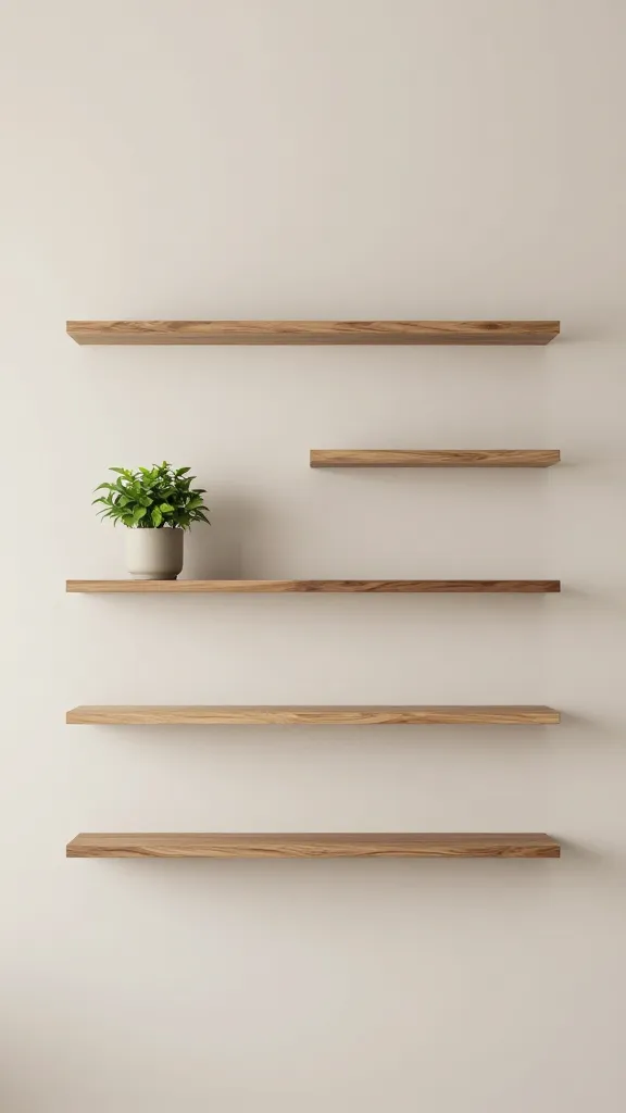 A small-space living room with a floating shelf wall arranged in a calm, linear grid: three low shelves on each side of the TV at equal heights, a single plant on the center shelf of the left stack, muted earth-tone decor, clean lines, and no visible clutter.