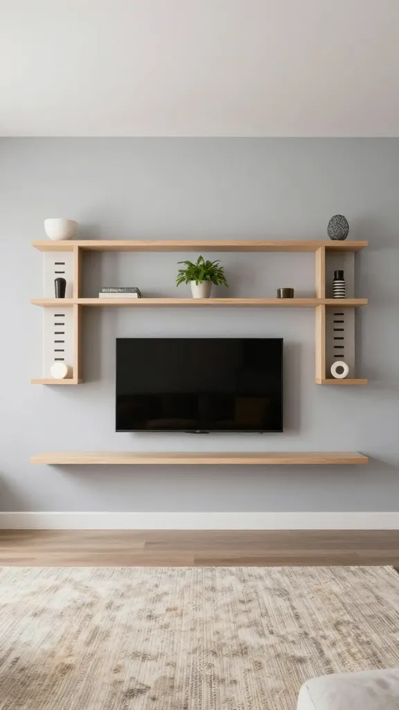 Wide shot of a living room where the TV is centered with symmetrical floating shelves; the top shelf on both sides holds a vertical row of small decor items, the middle shelf hosts a single plant, bottom shelves remain minimal, soft gray walls, cozy rug.