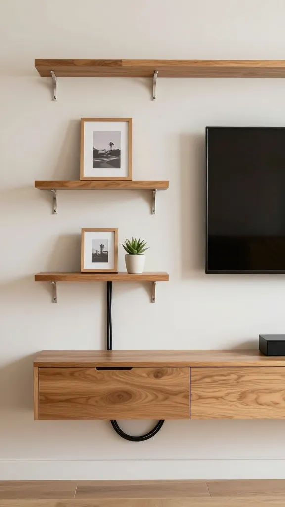 Minimalist living room focusing on cable management: a wall of floating shelves around a mounted TV, cables hidden, a single framed photo and a small plant on the central left middle shelf, warm wood tones, matte black TV frame.