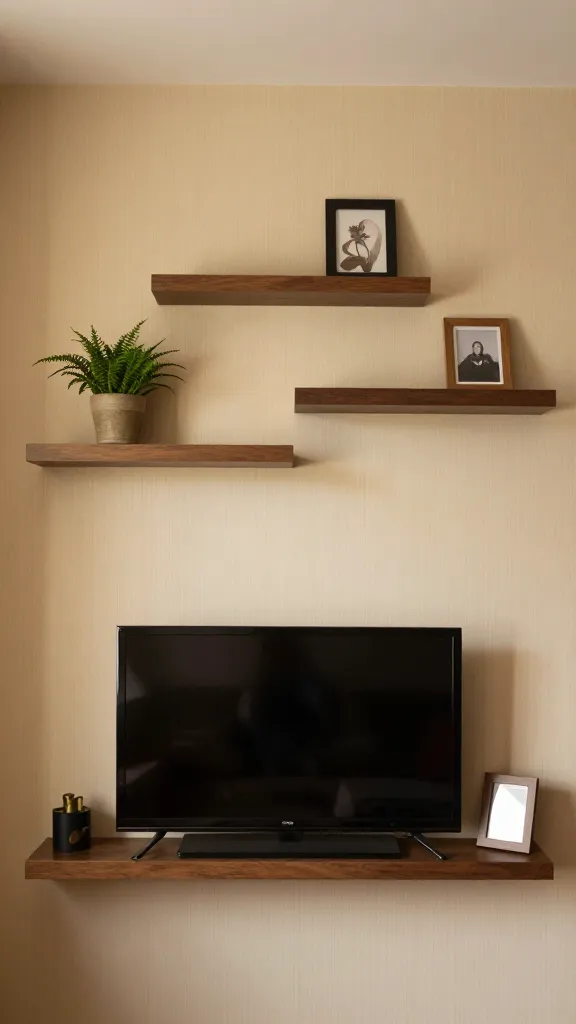 Cozy corner layout: TV on a wall with floating shelves arranged in a softened, stepped pyramid on both sides, topmost shelf slightly higher than the TV, decor kept sparse—one plant and one framed photo per side, warm lighting, textured wallpaper.