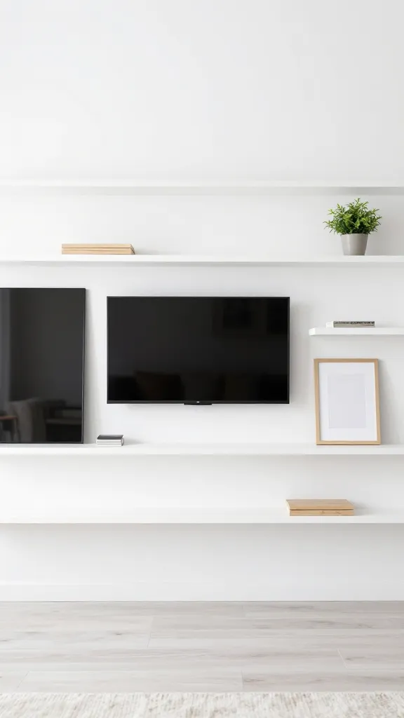 Bright Scandinavian-inspired TV wall: white floating shelves arranged symmetrically around a wall-mounted TV, slim profiles, one small plant and one simple poster in a frame on the middle shelf stage-right, light wood accents, airy feel.