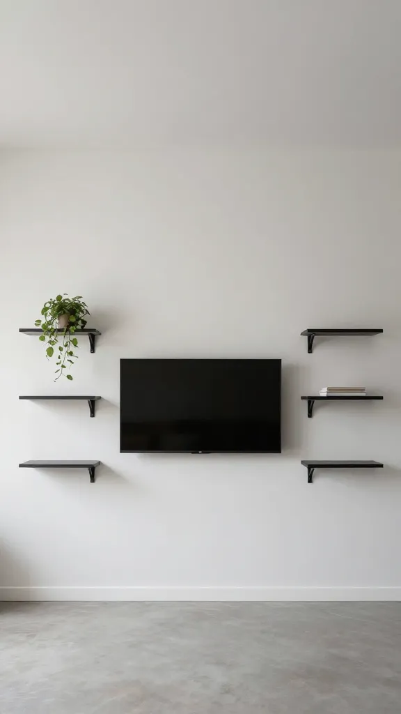 Slim-profile living room wall: TV centered with two columns of three ultra-thin floating shelves on each side, decor limited to a single pendant plant on the middle shelf left, clean cables, cool-toned neutrals.
