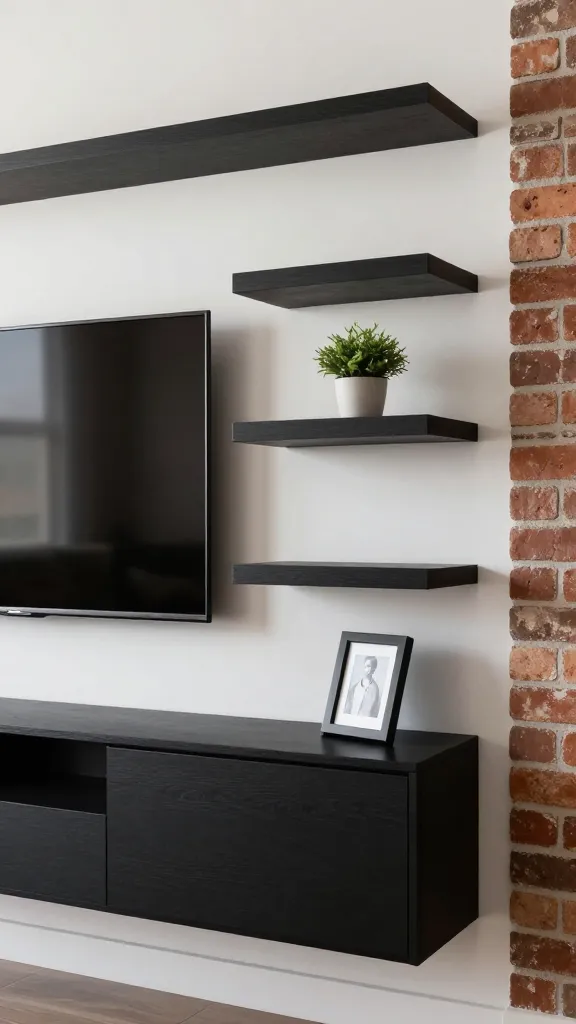 Loft-style entertainment wall: black floating shelves with matte finish framing a mounted TV, staggered heights to create depth, one small plant and a framed photo on the middle shelf of the right stack, exposed brick or brick-effect wallpaper nearby.