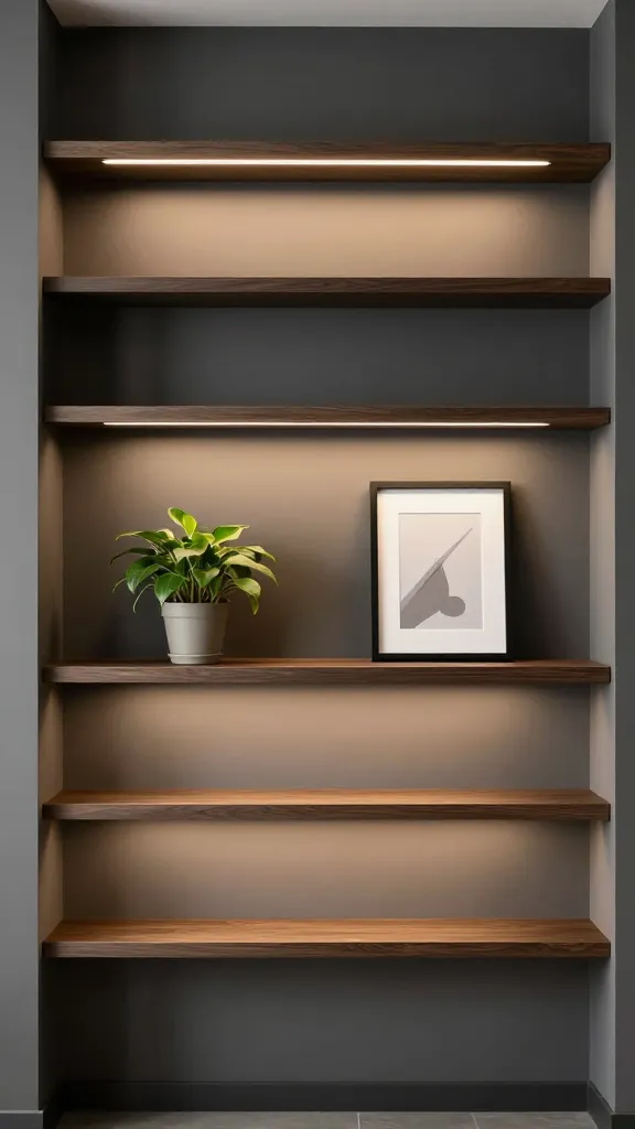 Elegant, clutter-free TV wall in a compact space: stacked symmetrical shelves with alternating depths to create subtle shadow lines, one plant on the central shelf of the left stack, one frame on the right, charcoal walls, warm tungsten lighting.