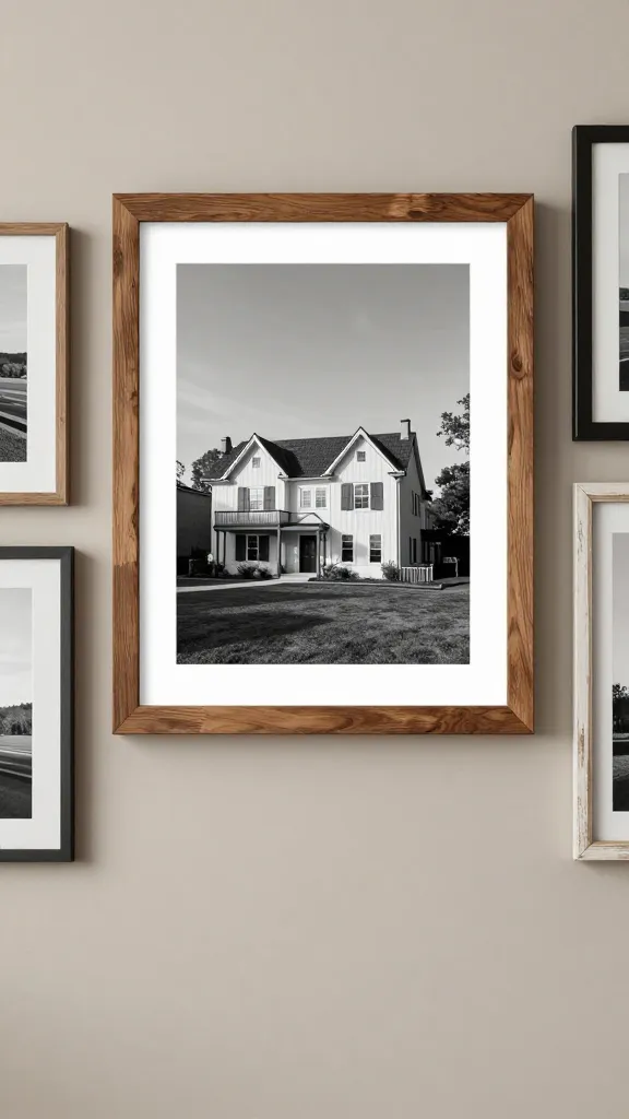 A bold living room feature wall with an oversized black-and-white photograph as the centerpiece, surrounded by a mix of frame styles—a chunky warm wood frame, a sleek black metal frame, and a pale distressed wood frame—on a neutral taupe wall with a monochrome color theme.