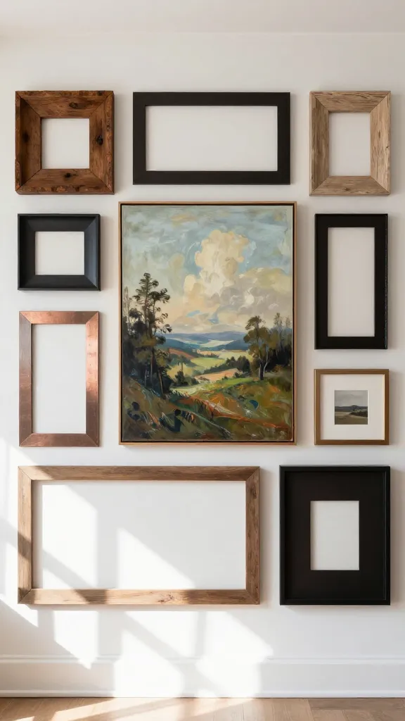 An eclectic picture wall in a sunlit living room: center oversized landscape painting, flanked by frames of varying materials (rustic wood, matte black metal, and light-washed driftwood) arranged in a loose grid with a subtle metallic copper accent in one frame.