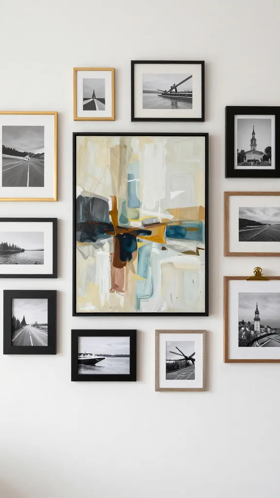 A modern-cozy living room wall: large colorful abstract painting at center, surrounded by frames in different shapes and finishes (gold, matte black, bleached oak), with a cohesive travel-themed monochrome palette and a small brass-tone clip to tie the set together.