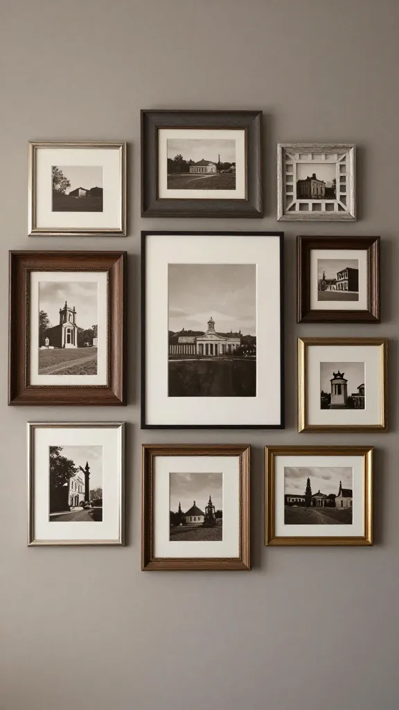 A sophisticated living room corner: a large sepia-toned photograph as the focal point, surrounded by mismatched frames (mid-century chrome, matte charcoal wood, and whitewashed lattice) arranged in a tight grid on a warm gray wall, with a single metallic gold frame edge for cohesion.