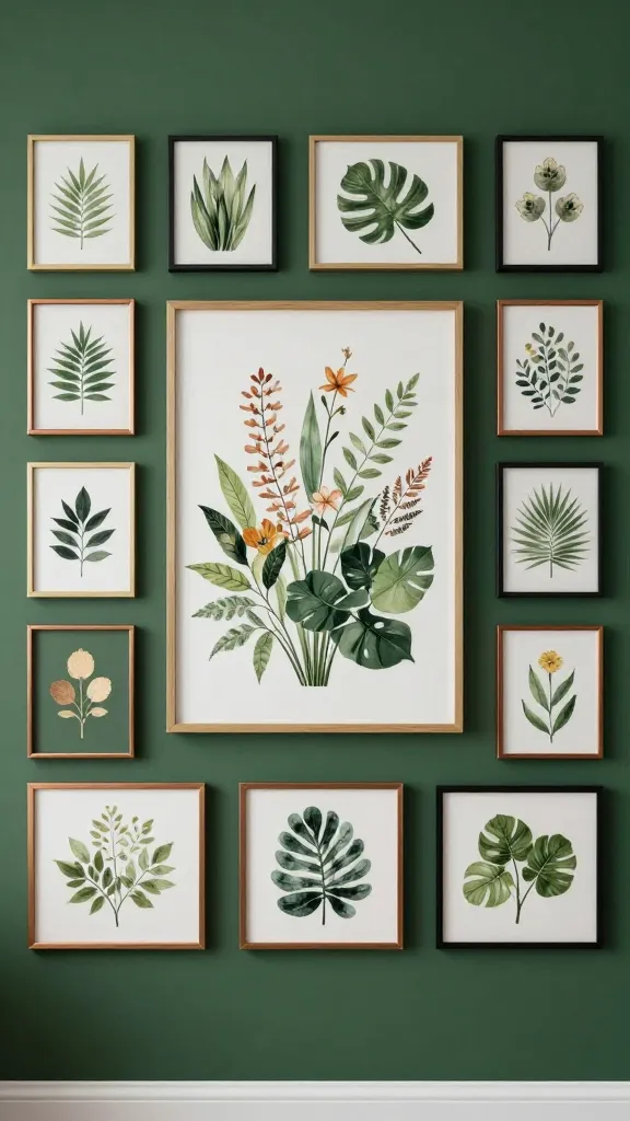 A botanical-inspired living room wall: central large art piece featuring botanical florals, surrounded by a mix of light wood, copper, and matte black frames, arranged in a grid with consistent spacing and a unifying emerald/forest green accent color.
