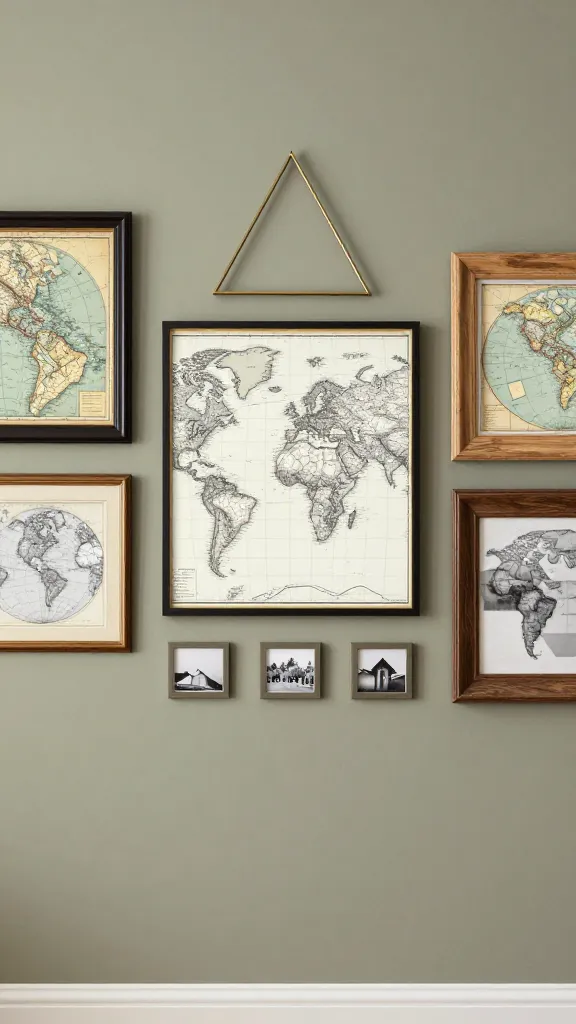 A travel-themed living room wall: bold world-map print in the center, flanked by vintage map frames, a brass triangle frame, and a natural wood frame, all on a soft olive wall, unified by a subtle monochrome photo series in between.