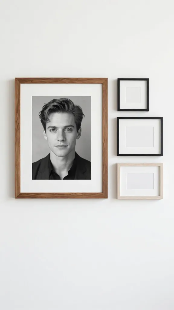 A minimal yet striking living room wall: one oversized monochrome portrait in a chunky walnut frame, plus three slim black metal frames and one pale ash wood frame, arranged asymmetrically in a balanced grid on a clean white wall.