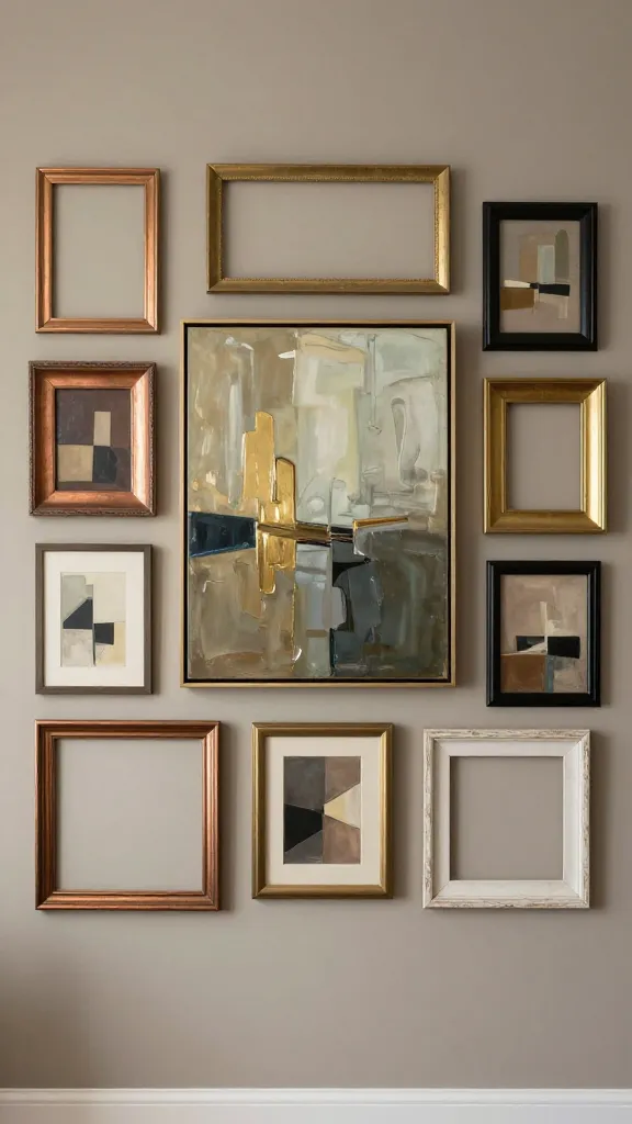 An artful living room wall with a splash of metallics: center large modern painting, surrounded by a mix of copper, brass, and black metal frames, plus one whitewashed frame, all set on a warm greige wall with tight, evenly spaced alignment.