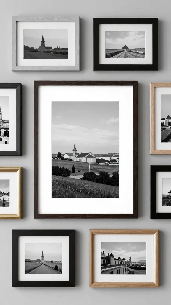 A cozy monochrome travel collage: large central framed panorama in a dark wood frame, surrounded by varied frames in black, gray, and light oak finishes, with a unifying cloud-gray wall and a hint of metallic gold in one small corner frame.