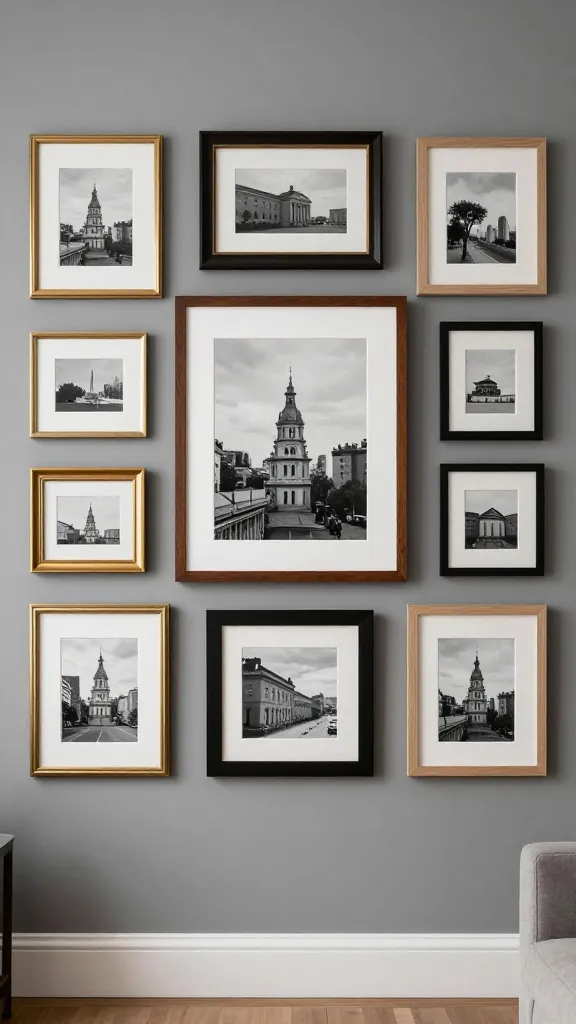 A gallery-inspired living room wall that still feels curated: a dominant oversized photograph in a rich mahogany frame, mixed with frames in brass, matte black, and pale oak, arranged in a precise grid on a cool gray wall with a cohesive travel-and-monochrome color theme.