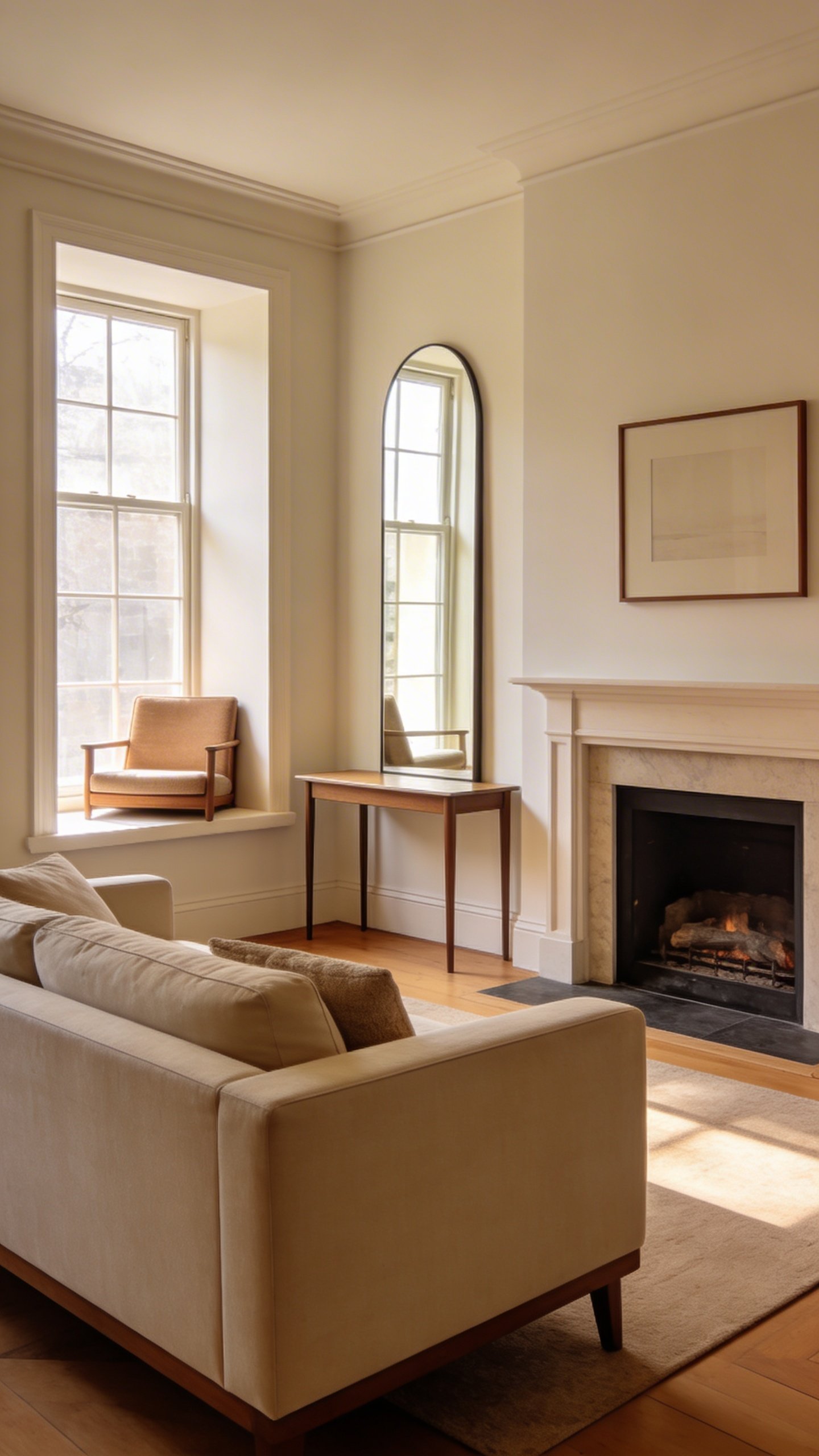 A cozy living room corner redesigned with a new layout: sofa shifted to face a focal point like a fireplace, a small reading chair tucked into a window alcove, a slim console table behind the sofa, warm natural light, and a large floor-length mirror opposite a window to bounce light.