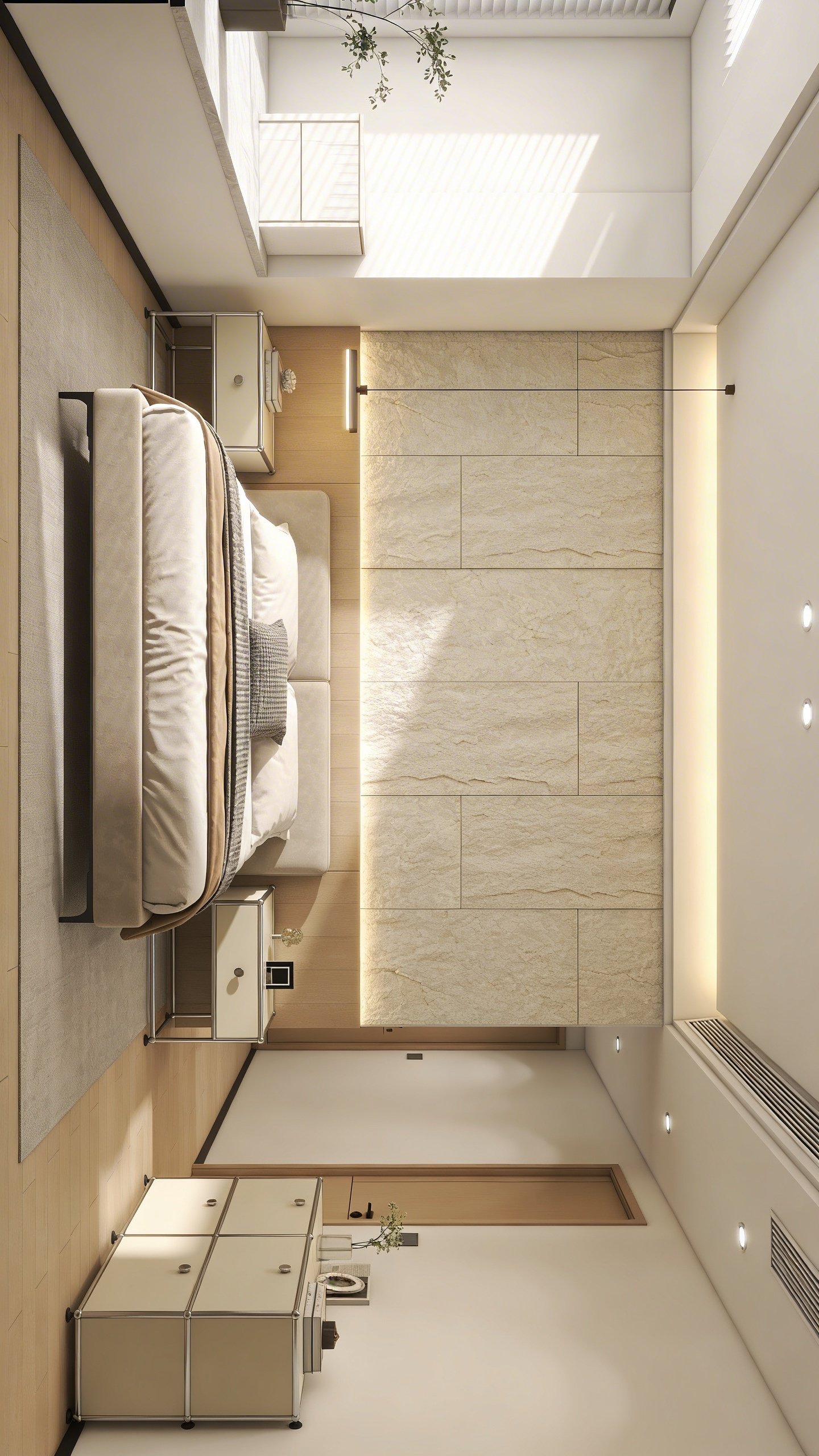 A bright bedroom showing an open space plan with furniture rearranged: bed against a feature wall, floating nightstands, a compact dresser moved to create a clear walking path, and a wide view that emphasizes