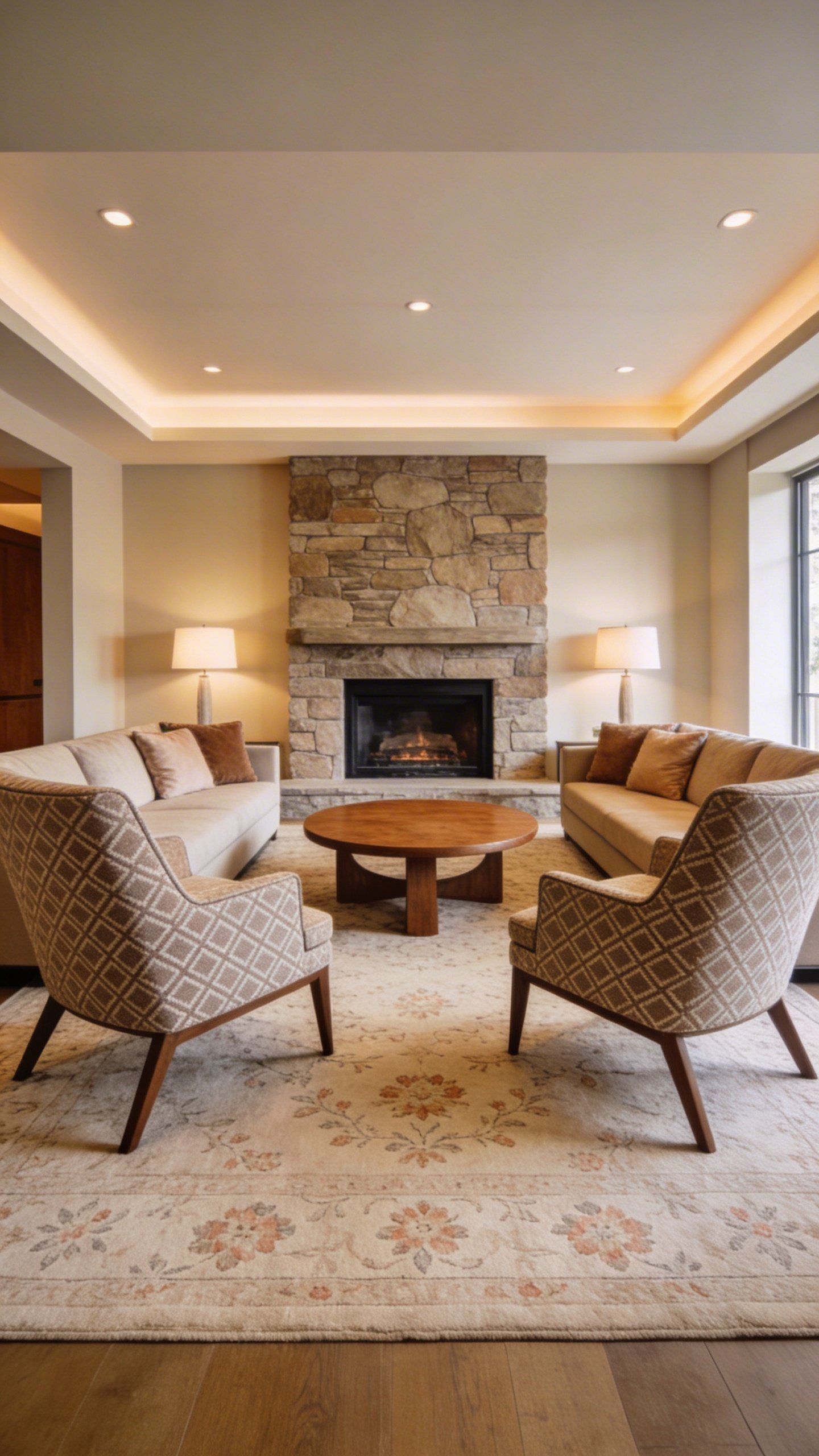 A living room with a newly defined conversation area: a sofa facing a focal point other than the TV (like a fireplace or art wall), two accent chairs angled toward the sofa, a round coffee table, and a rug anchoring the space to invite dialogue.