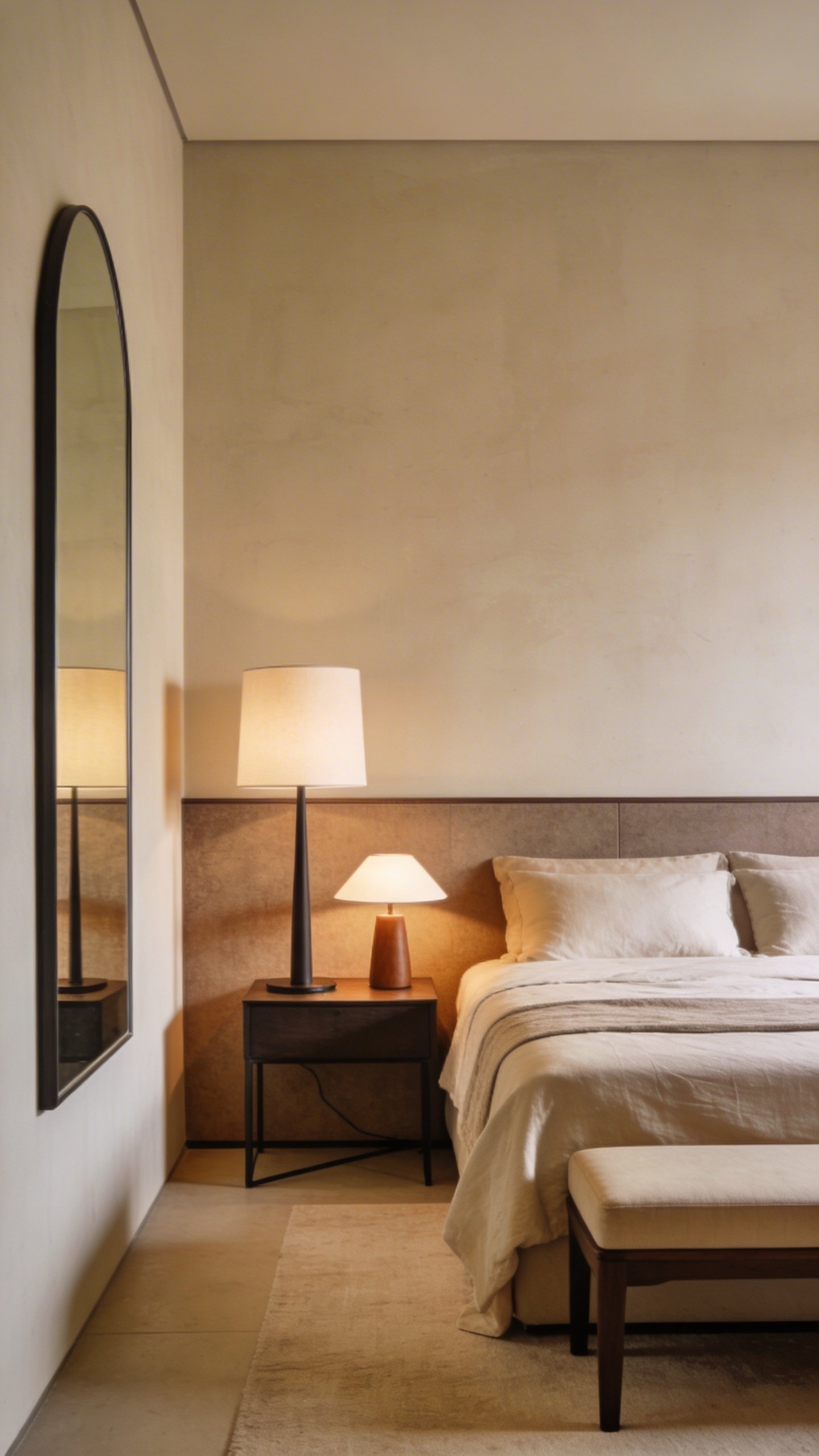 A bedroom layout focusing on balance over symmetry: bed centered on a feature wall with asymmetric nightstands (one taller lamp), a bench at the foot of the bed, and a single large mirror on the adjacent wall to balance depth.
