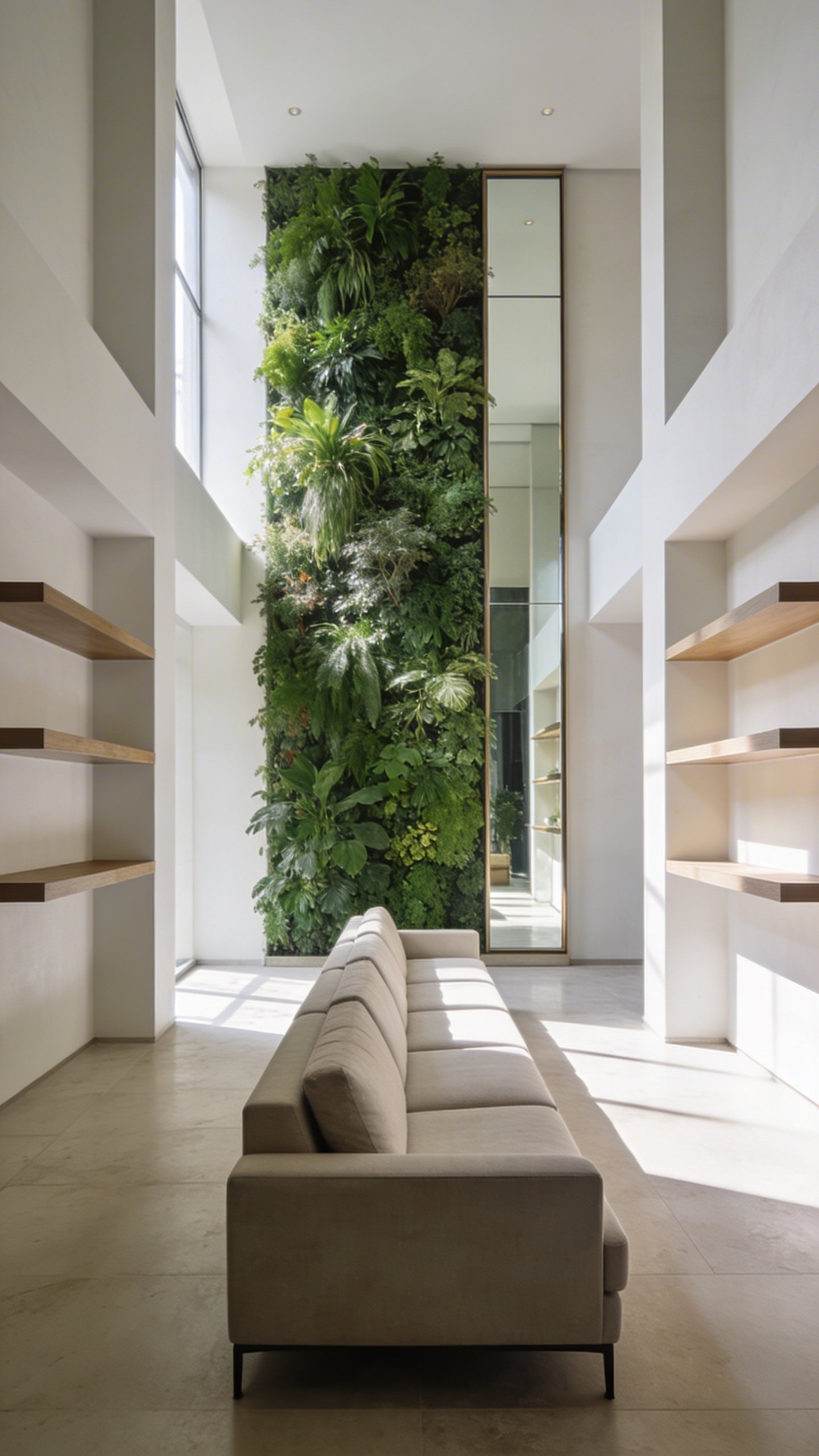 A space-open plan with height illusion: sofa aligned to create a visual line toward a focal wall, a wall of plants and a tall mirror reflecting natural light, and floating shelves that avoid crowding the floor.