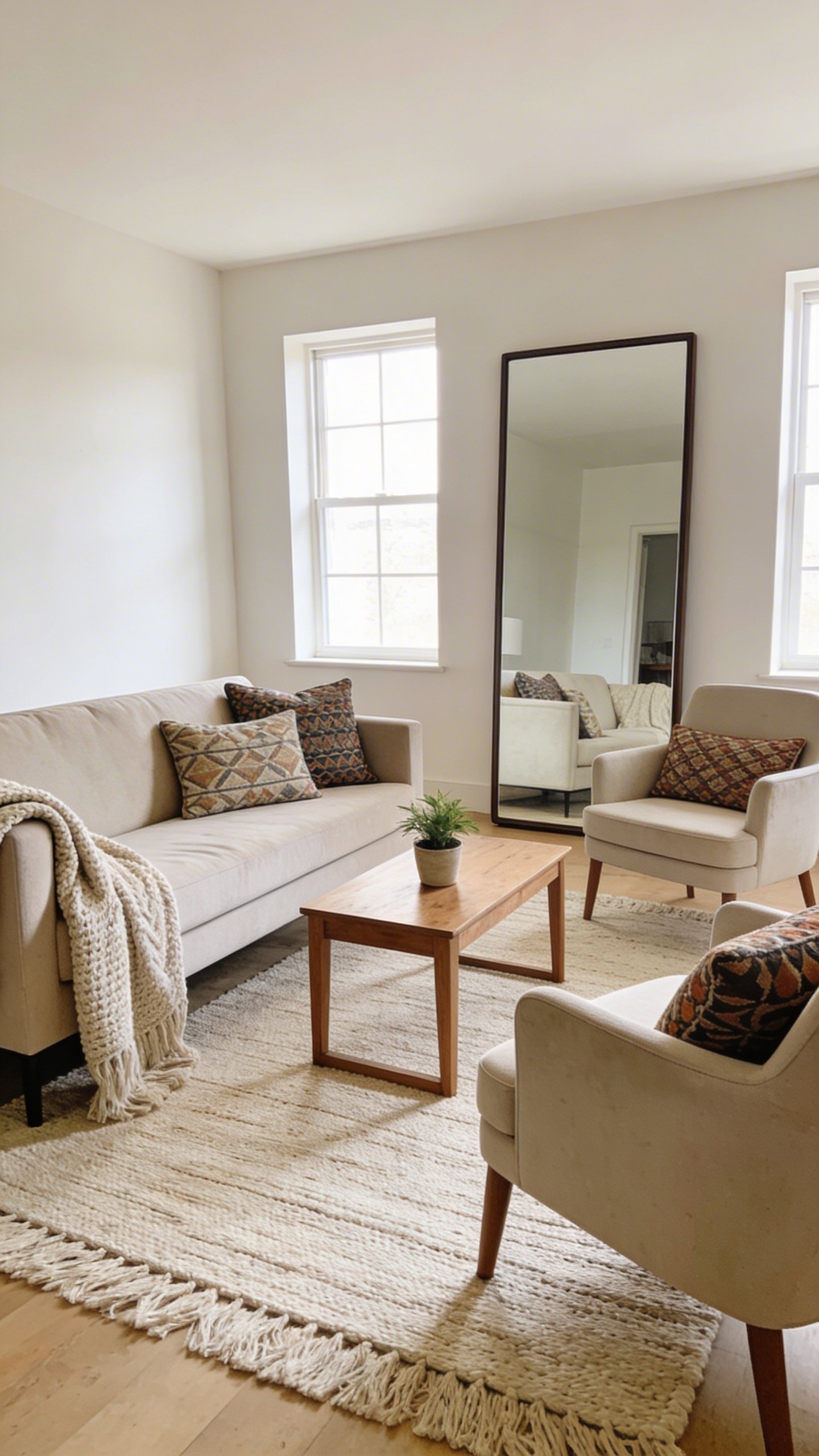 An economical décor refresh: a room showing rearranged seating around a focal point, a mirror opposite a window to reflect light, and a few budget-friendly updates like a new rug and layered textures (throws, cushions) to add depth.