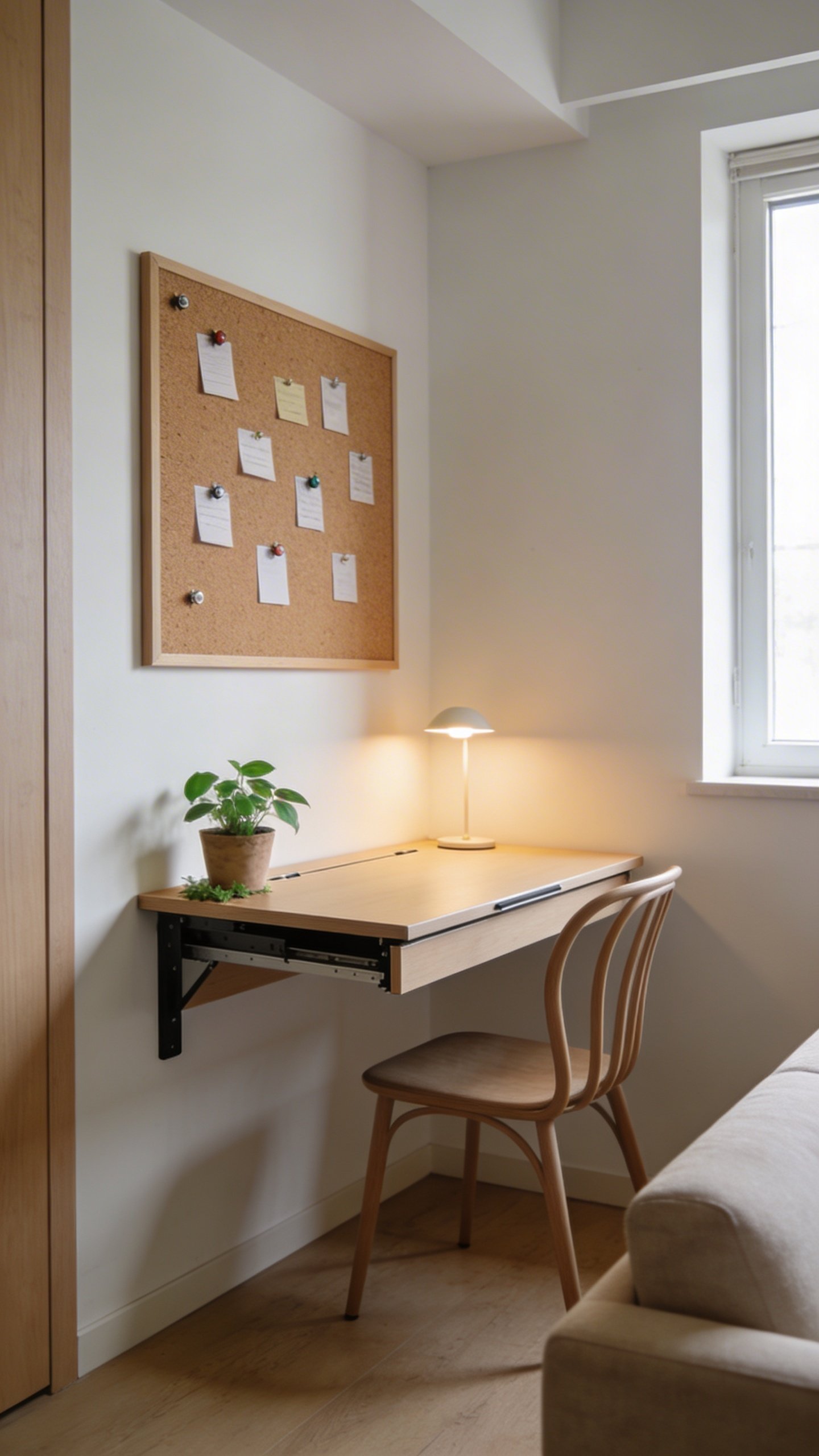 A compact study nook in a living room: a wall-mounted fold-down desk, a slim chair, a corkboard or pegboard for organization, and a small plant to soften the corner, all arranged to maximize functionality without crowding.