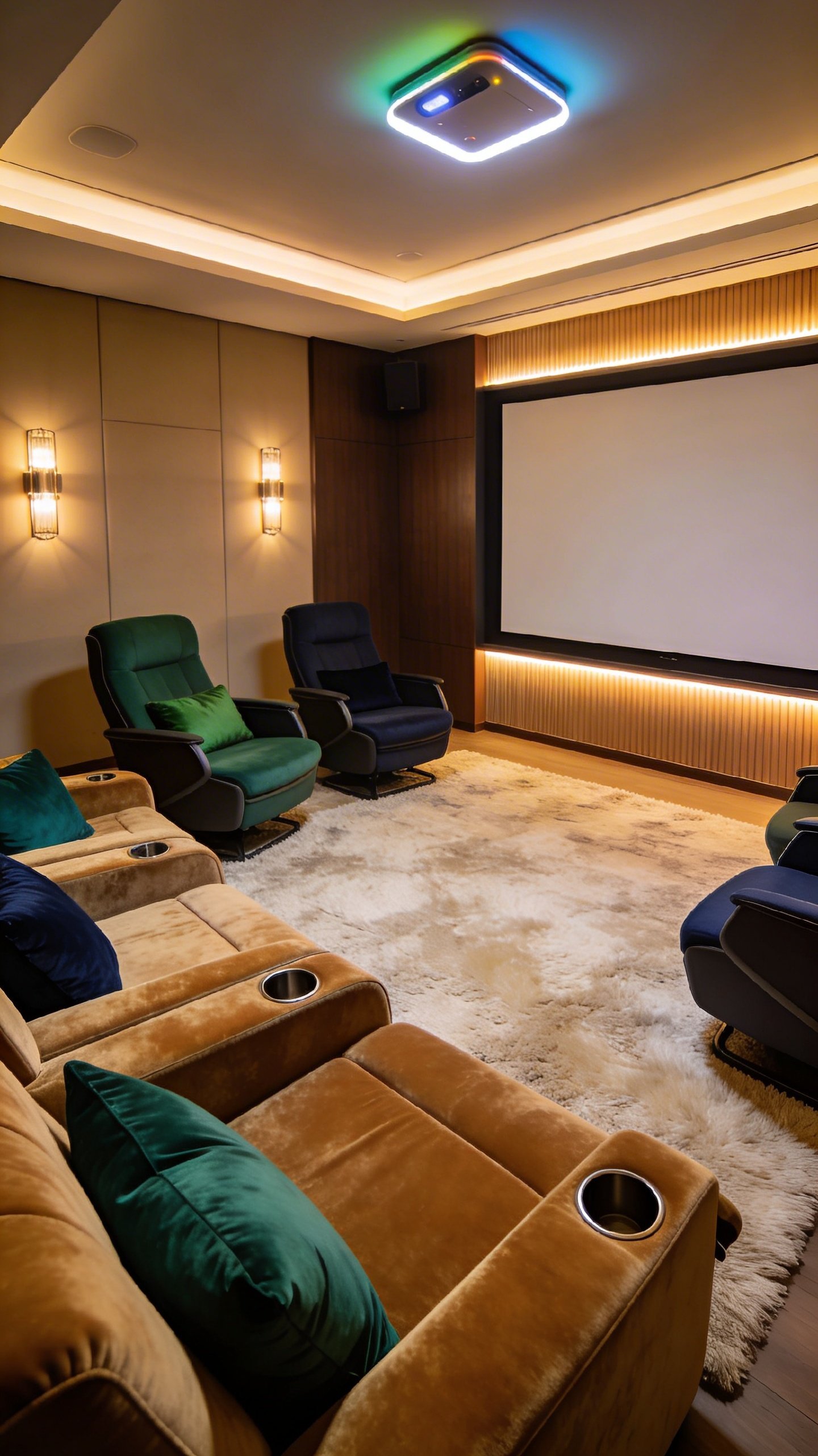 A luxury home cinema room featuring ultra-cozy seating: plush velvet reclining sofas with built-in cupholders, deep ergonomic chairs arranged in a semi-circle, warm ambient lighting from wall sconces and dimmable LED strips behind a large projection screen, rich warm neutrals with emerald green and navy accent cushions, a soft wool rug to dampen echoes, and a subtle smart ceiling fixture casting a color-tunable glow.