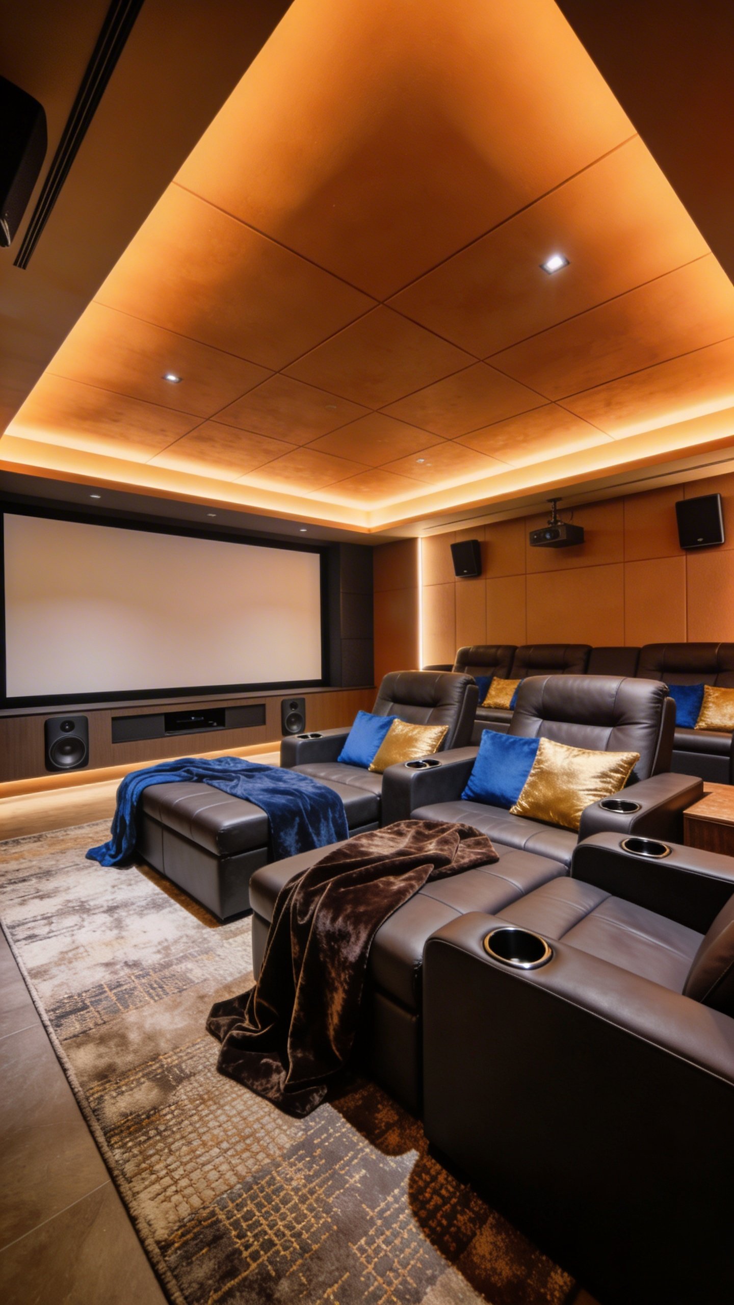An elegant cinema lounge with leather recliners and modular seating: charcoal leather seats with cupholders, velvet throws draped casually, warm amber wall sconces, blue and gold accent pillows, a low-profile screen wall with hidden speakers, and a textured rug that mutes sound, all under a softly colored ceiling light.
