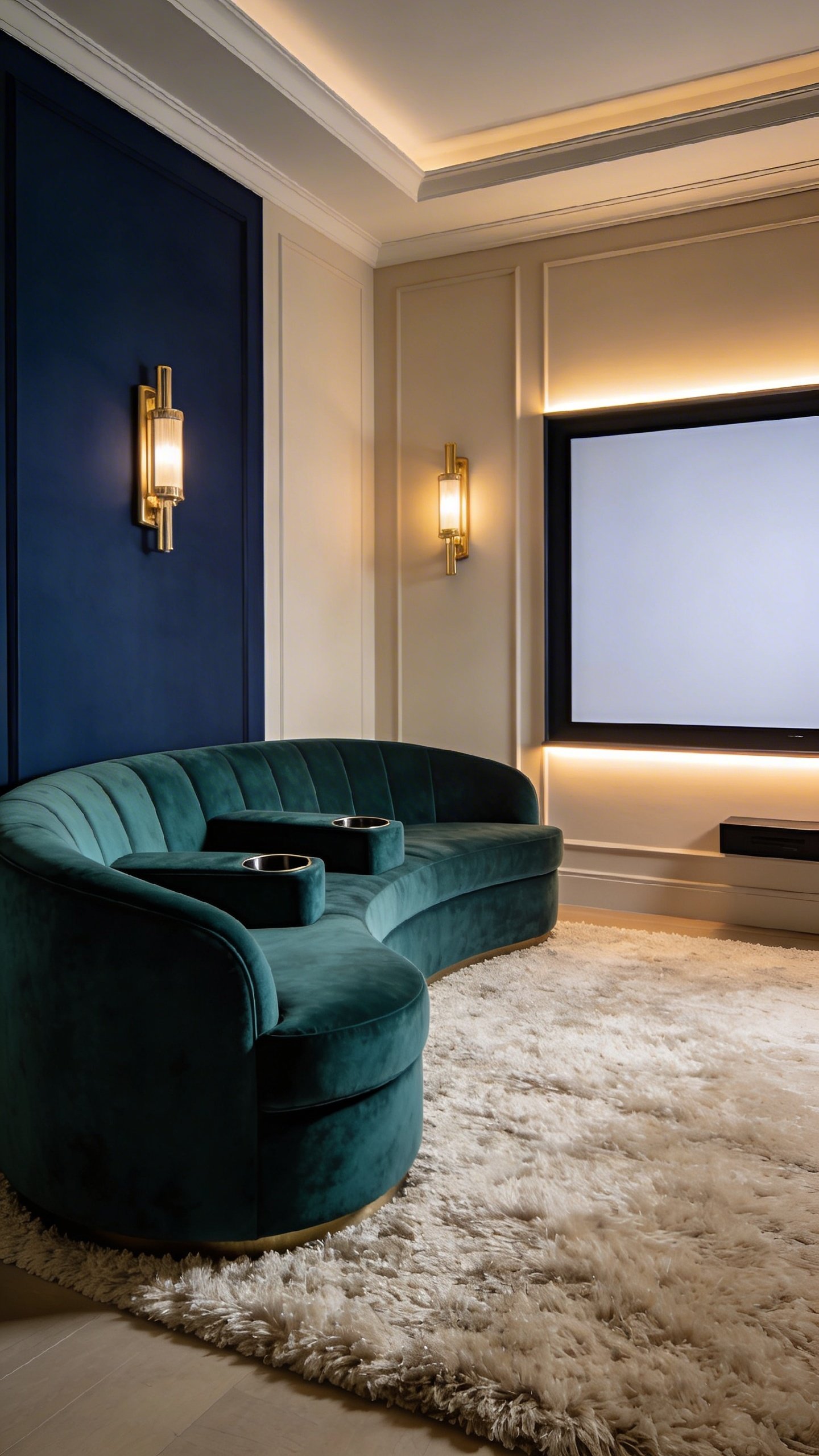 A cozy luxe home theater corner: curved velvet sectional in deep emerald, built-in cupholders, warm ambient lighting from concealed LED strips behind the screen, dimmable gold-toned wall sconces, soft beige walls with a navy accent wall, and a plush shag rug to absorb sound.