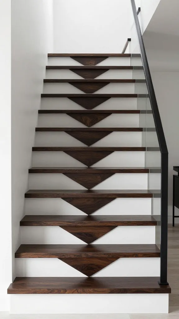 9 Entrance Stairs Design Ideas for a Stylish First Impression 2 A bold entry staircase with oversized rectangular white risers, dark espresso treads, and a striking chevron pattern,standing as a dramatic focal point in a modern entryway with matte black metal accents.