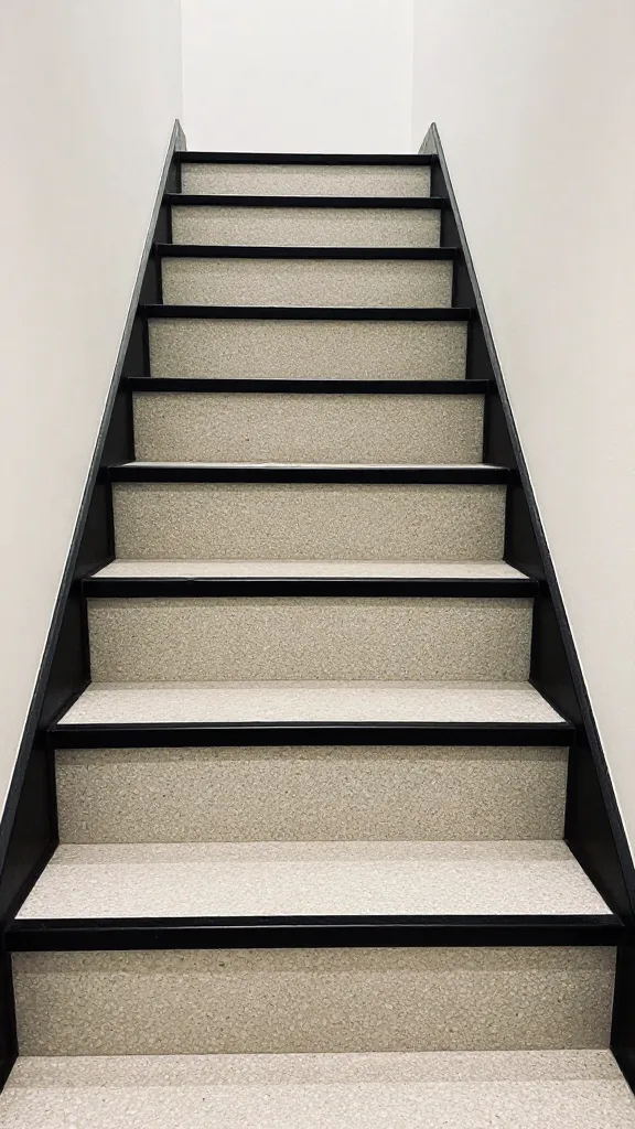 9 Entrance Stairs Design Ideas for a Stylish First Impression 3 Close-up of a dramatic staircase featuring terrazzo treads with bold speckles, black metal risers, and high-contrast edge detailing, set against a minimalist white-walled foyer.